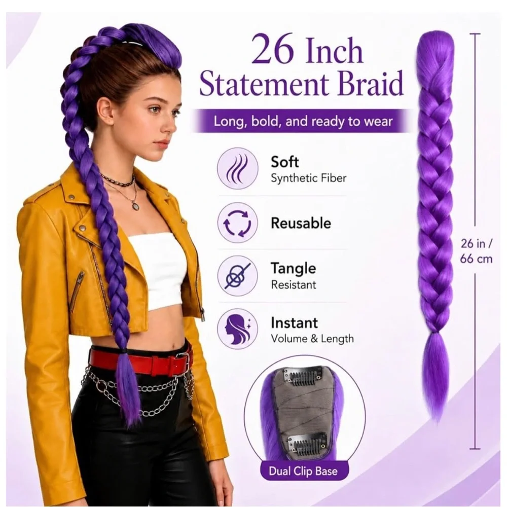 26” Purple Long Braided Clip-In Ponytail Extension